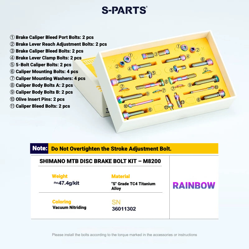 S-PARTS TC4 Titanium Bolt Kit for Shimano Deore XT M8200 / M8220 | MTB Disc Brake & Component Screws