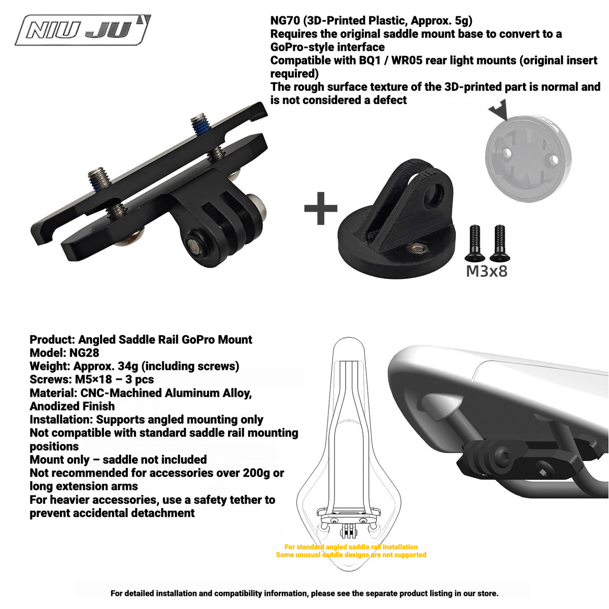 NIUJU NG70 Rear Light Adapter for MEROCA BQ1 / WR05 | GoPro-Style Mount