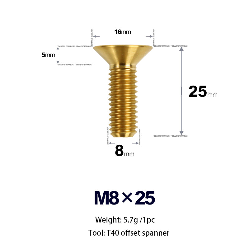 Tornillo de cabeza avellanada S-PARTS M8*20/25, perno de reducción de peso de aleación de titanio, piezas estándar para bicicletas de montaña y carretera