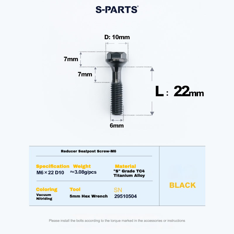 S-PARTS M6 티타늄 시트포스트 스텝다운 볼트 및 너트 키트 – 다양한 길이 및 색상