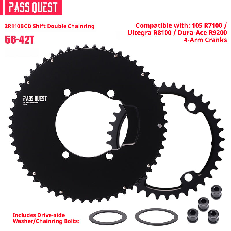 PASS QUEST 2R110BCD Fully Enclosed Chainring for Shimano R9200 / R8100 / R7100 | 11/12-Speed Double Chainring | 7075-T651 CNC Road Bike Chainring