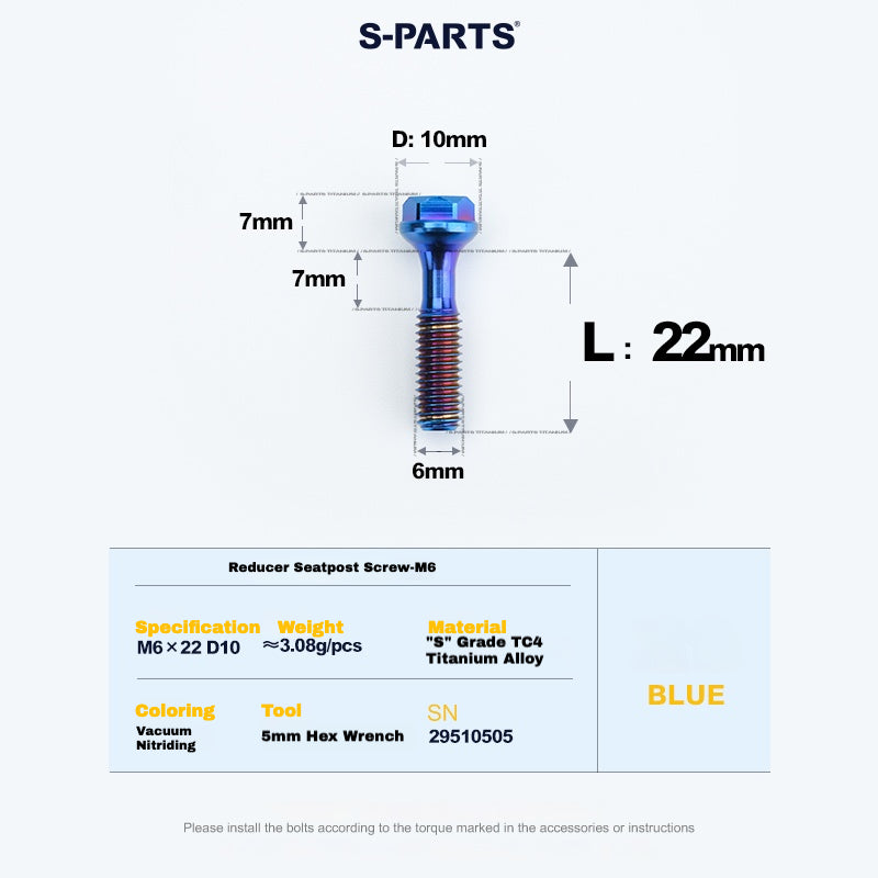 S-PARTS M6 티타늄 시트포스트 스텝다운 볼트 및 너트 키트 – 다양한 길이 및 색상