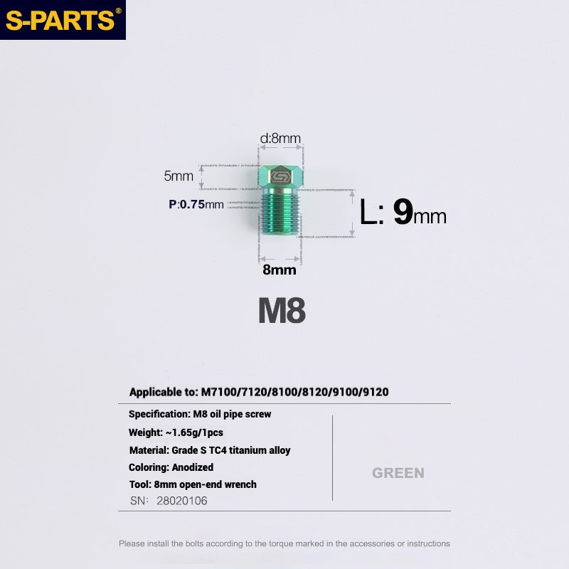 Болты для гидравлических шлангов S-PARTS Titanium для горных и шоссейных велосипедов | Совместимы с системами Shimano XTR/Ultegra/Dura-Ace и SRAM Road | Винты для масляных шлангов M8
