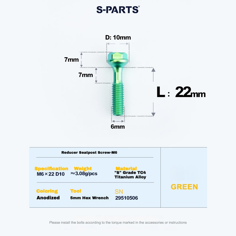 S-PARTS M6 티타늄 시트포스트 스텝다운 볼트 및 너트 키트 – 다양한 길이 및 색상