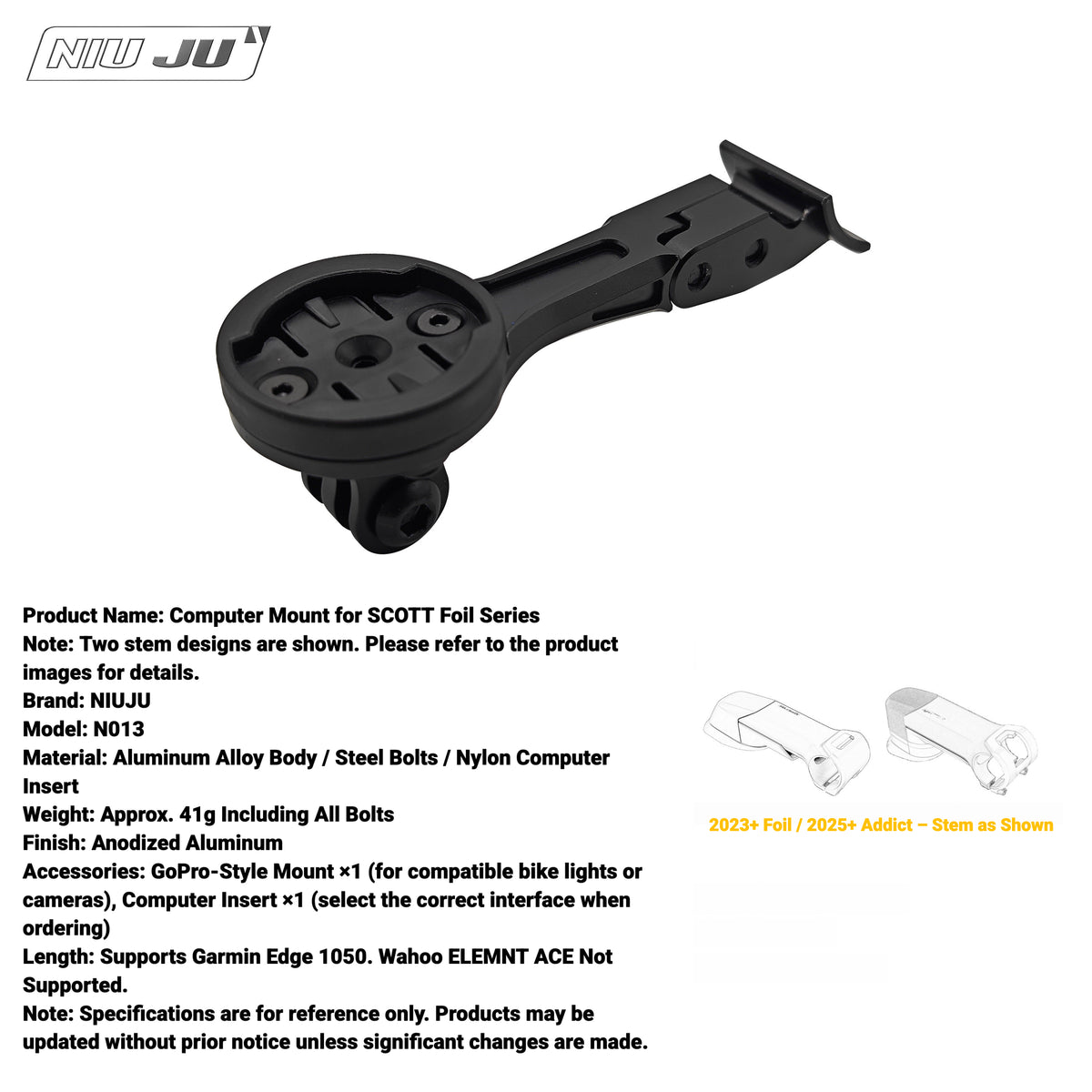 NIUJU CNC Aluminum Computer Mount for SCOTT Addict RC / Foil Aero Syncros Stems | Garmin Wahoo