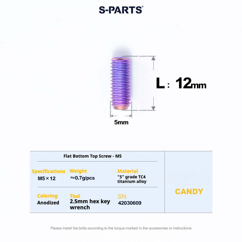 S-PARTS Titanium Set Screw M5×12 / M5×16 – Grade 5 TC4 Flat End Hex Bolt