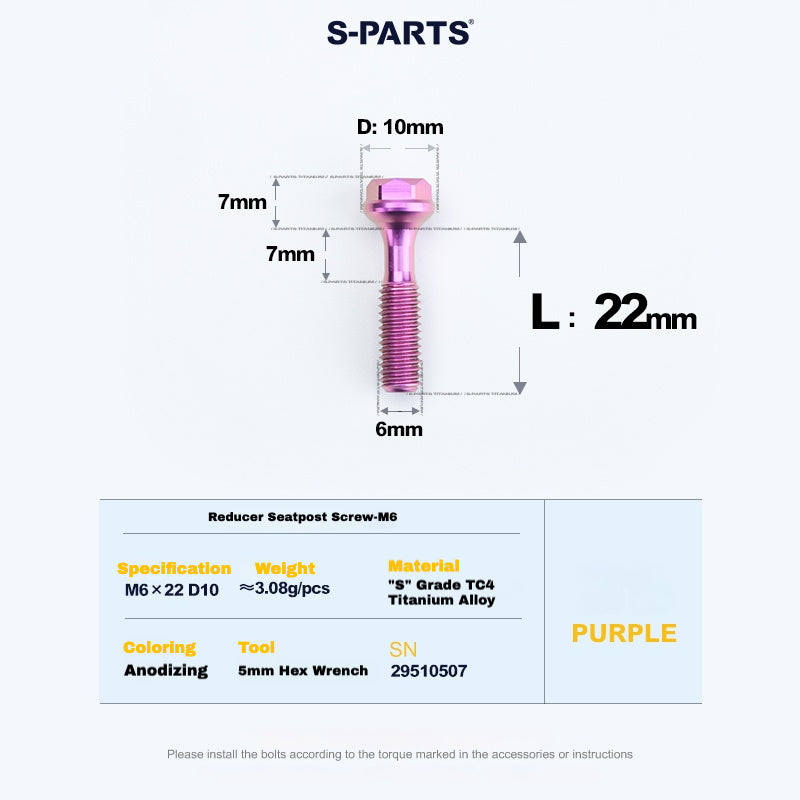 S-PARTS M6 티타늄 시트포스트 스텝다운 볼트 및 너트 키트 – 다양한 길이 및 색상