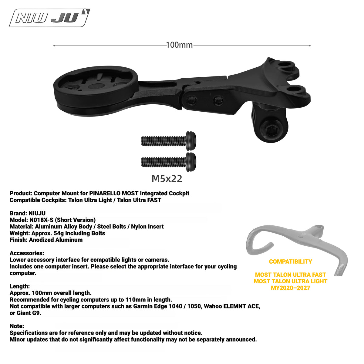 NIUJU Computer Mount for Pinarello MOST Talon Ultra Light / Ultra Fast | Garmin Edge 1050 Extended Mount