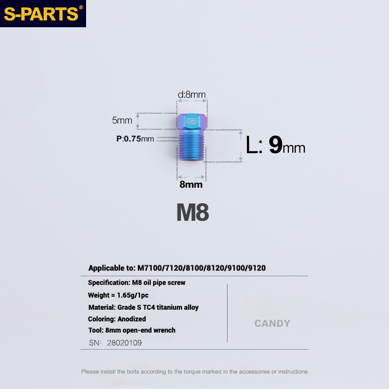 Болты для гидравлических шлангов S-PARTS Titanium для горных и шоссейных велосипедов | Совместимы с системами Shimano XTR/Ultegra/Dura-Ace и SRAM Road | Винты для масляных шлангов M8