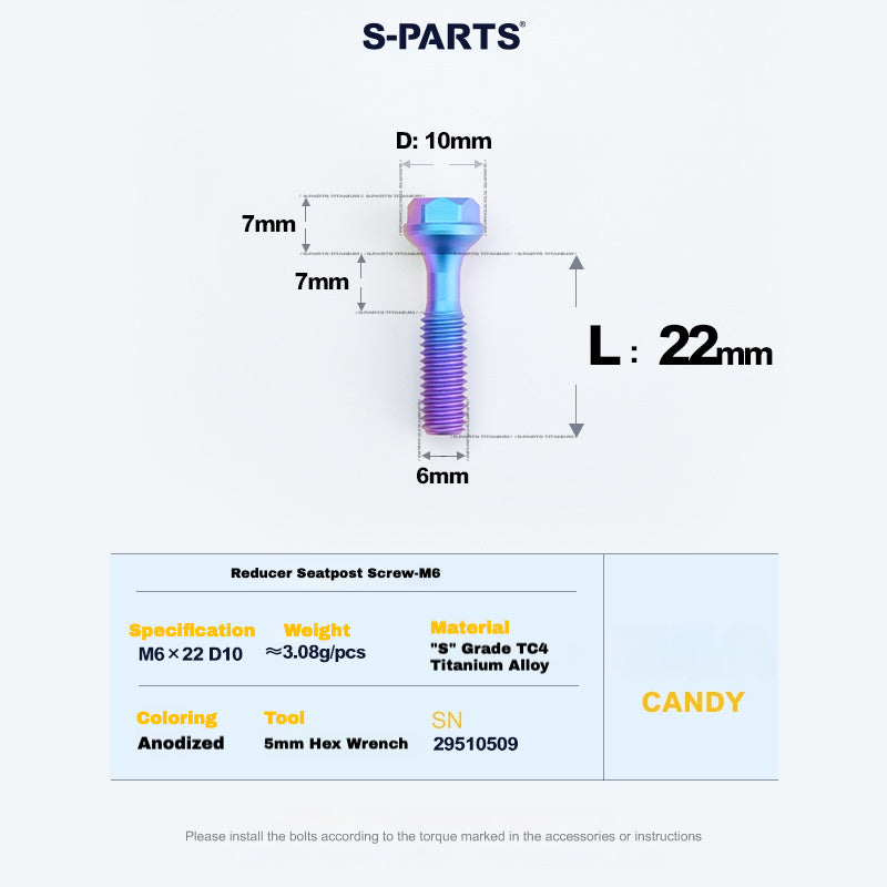 S-PARTS M6 티타늄 시트포스트 스텝다운 볼트 및 너트 키트 – 다양한 길이 및 색상