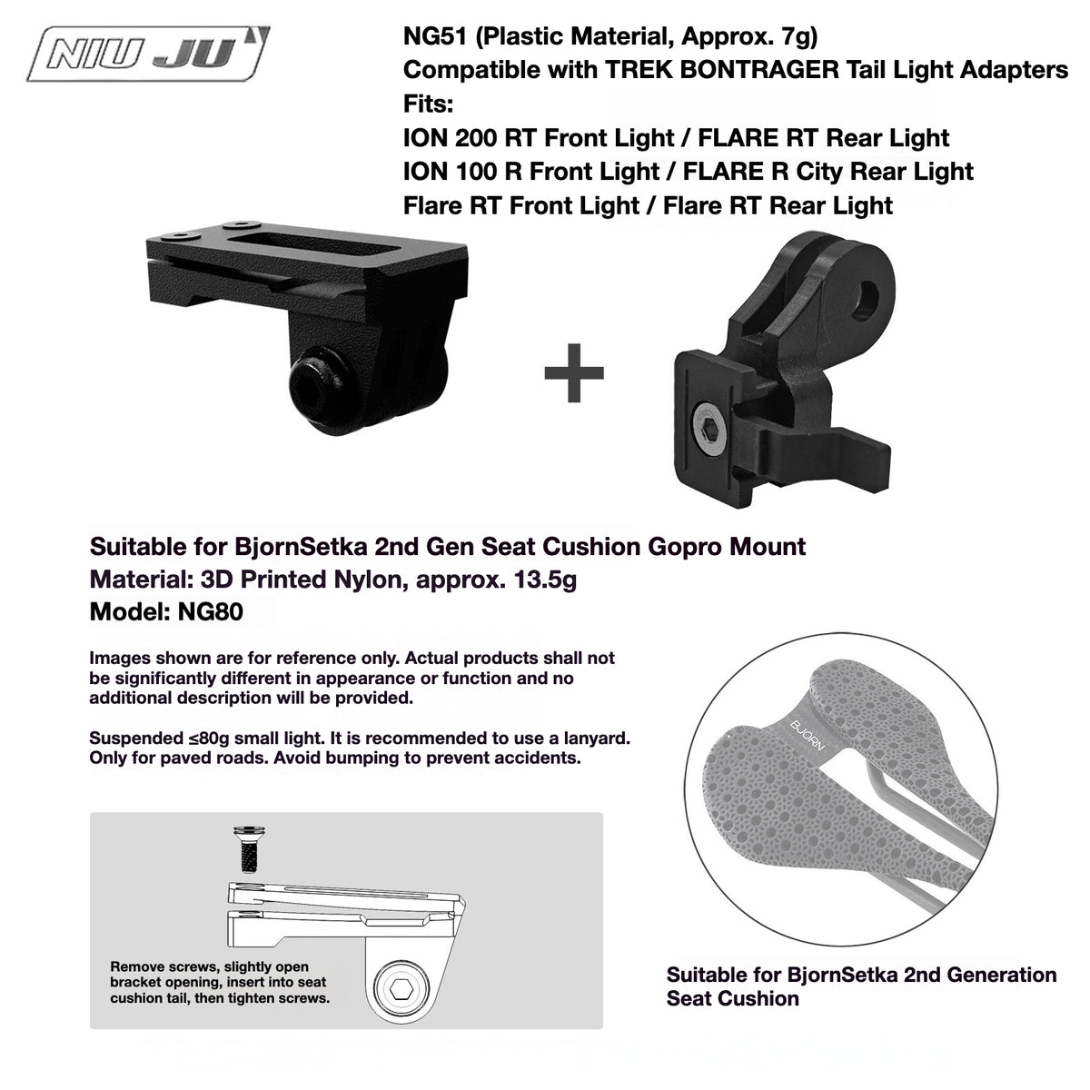 NIUJU Torque Saddle Mount for Bjorn Setka Gen 2 Saddle | GoPro Tail Light & Race Number Holder