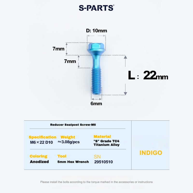 S-PARTS M6 티타늄 시트포스트 스텝다운 볼트 및 너트 키트 – 다양한 길이 및 색상