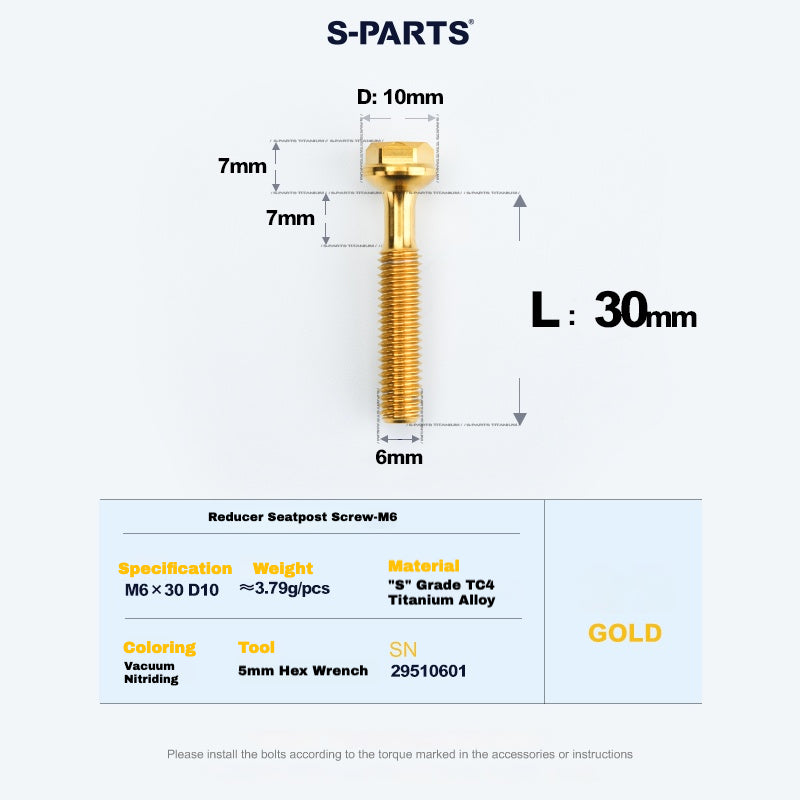 S-PARTS M6 티타늄 시트포스트 스텝다운 볼트 및 너트 키트 – 다양한 길이 및 색상