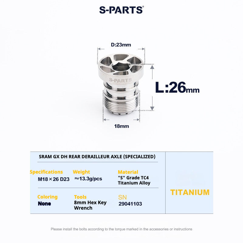 S-PARTS Titanium Rear Derailleur Axle for SRAM GX UDH | TC4 Titanium | M18×26 D23