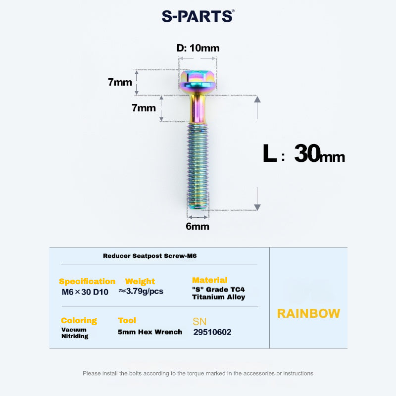 S-PARTS M6 티타늄 시트포스트 스텝다운 볼트 및 너트 키트 – 다양한 길이 및 색상