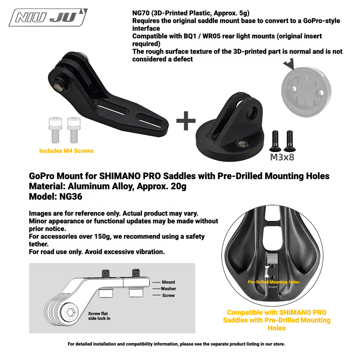 NIUJU NG70 Rear Light Adapter for MEROCA BQ1 / WR05 | GoPro-Style Mount