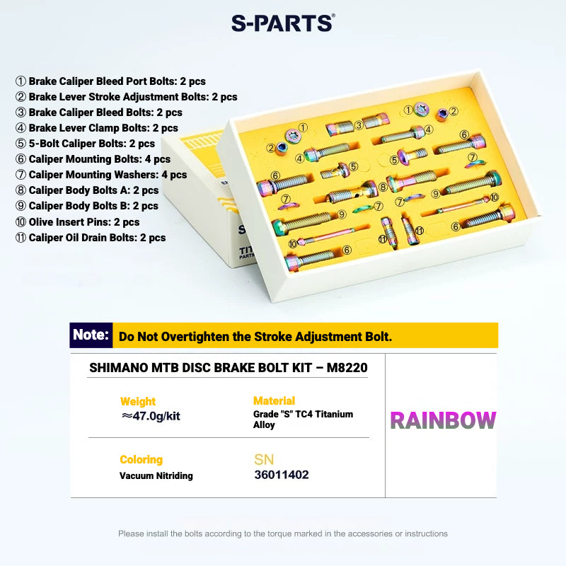 S-PARTS TC4 Titanium Bolt Kit for Shimano Deore XT M8200 / M8220 | MTB Disc Brake & Component Screws