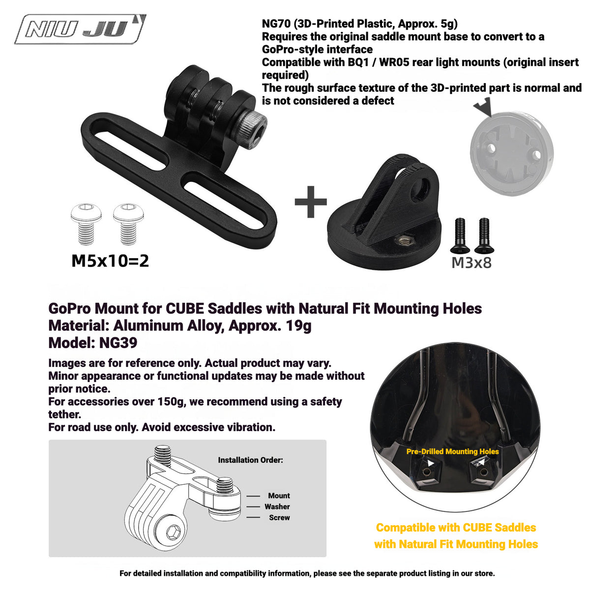 NIUJU NG70 Rear Light Adapter for MEROCA BQ1 / WR05 | GoPro-Style Mount