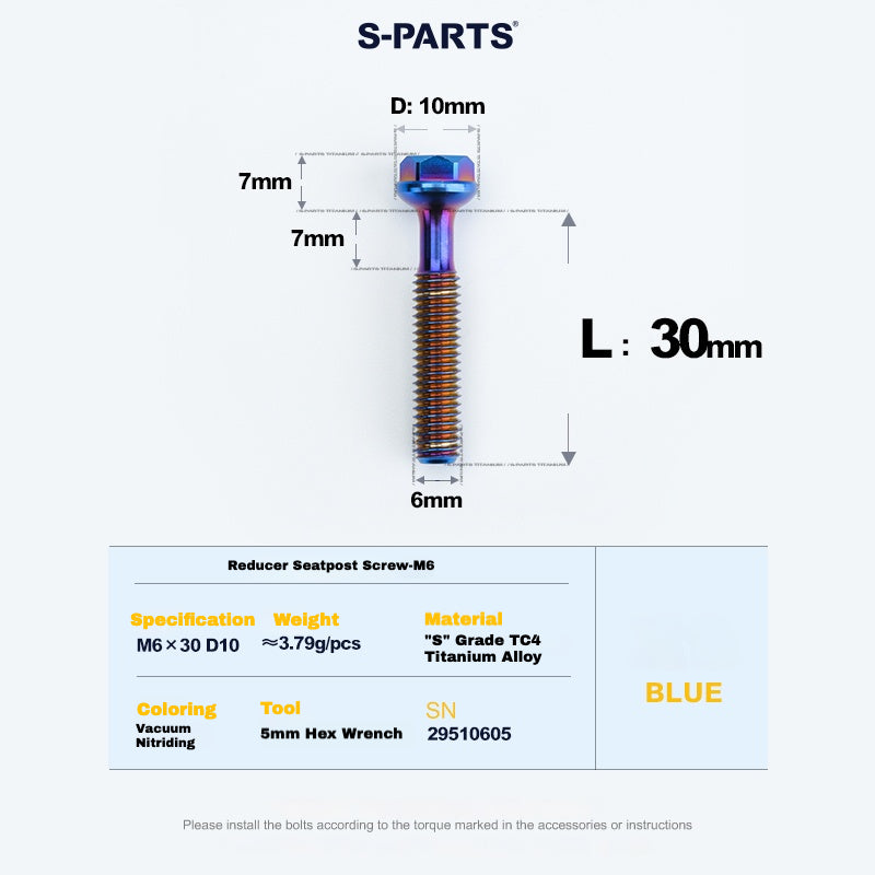 S-PARTS M6 티타늄 시트포스트 스텝다운 볼트 및 너트 키트 – 다양한 길이 및 색상