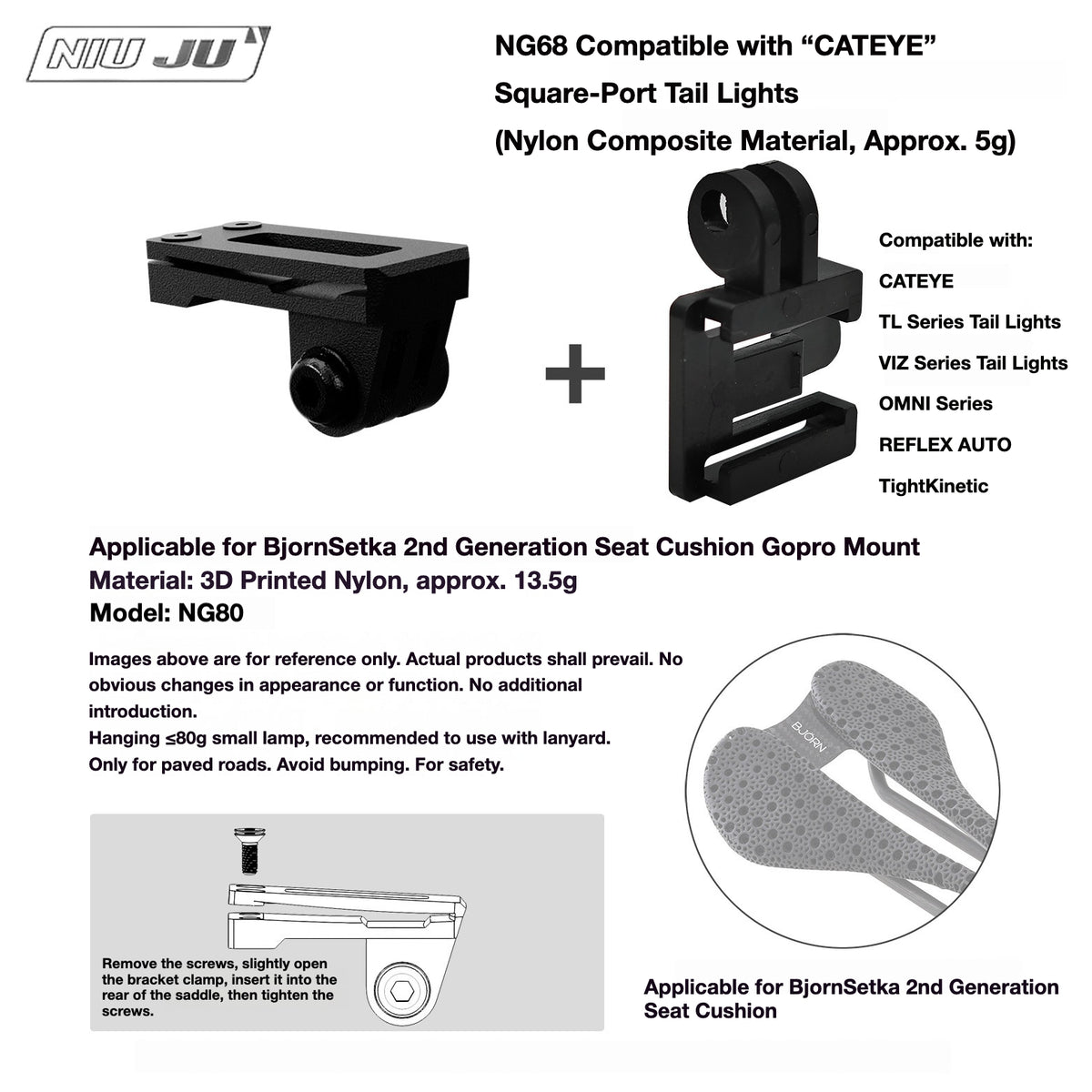 NIUJU Torque Saddle Mount for Bjorn Setka Gen 2 Saddle | GoPro Tail Light & Race Number Holder