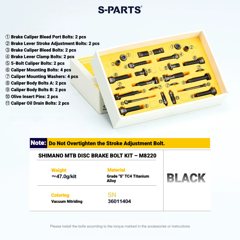 S-PARTS TC4 Titanium Bolt Kit for Shimano Deore XT M8200 / M8220 | MTB Disc Brake & Component Screws