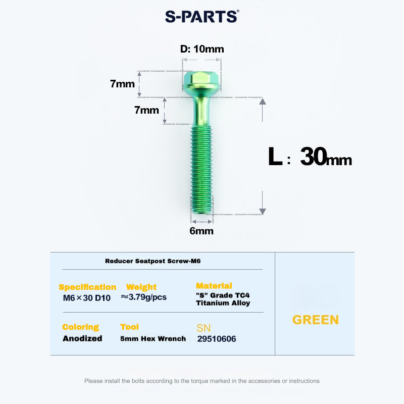 S-PARTS M6 티타늄 시트포스트 스텝다운 볼트 및 너트 키트 – 다양한 길이 및 색상