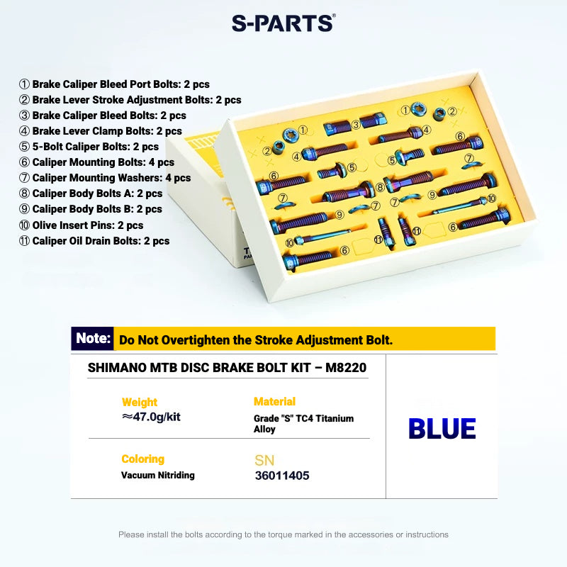 S-PARTS TC4 Titanium Bolt Kit for Shimano Deore XT M8200 / M8220 | MTB Disc Brake & Component Screws