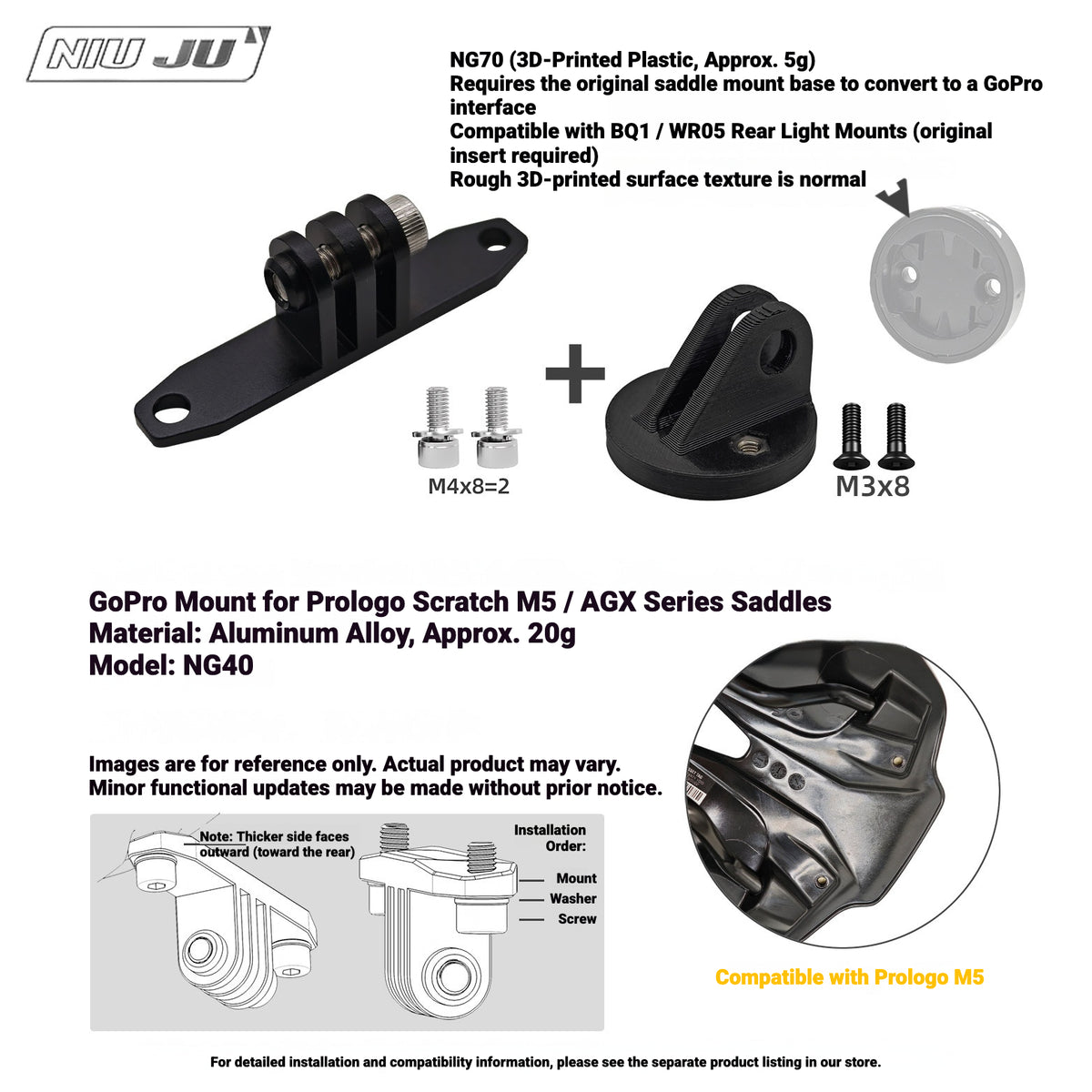 NIUJU NG70 Rear Light Adapter for MEROCA BQ1 / WR05 | GoPro-Style Mount