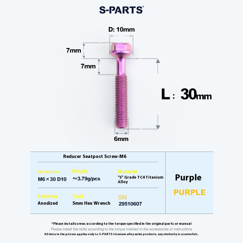 S-PARTS M6 티타늄 시트포스트 스텝다운 볼트 및 너트 키트 – 다양한 길이 및 색상