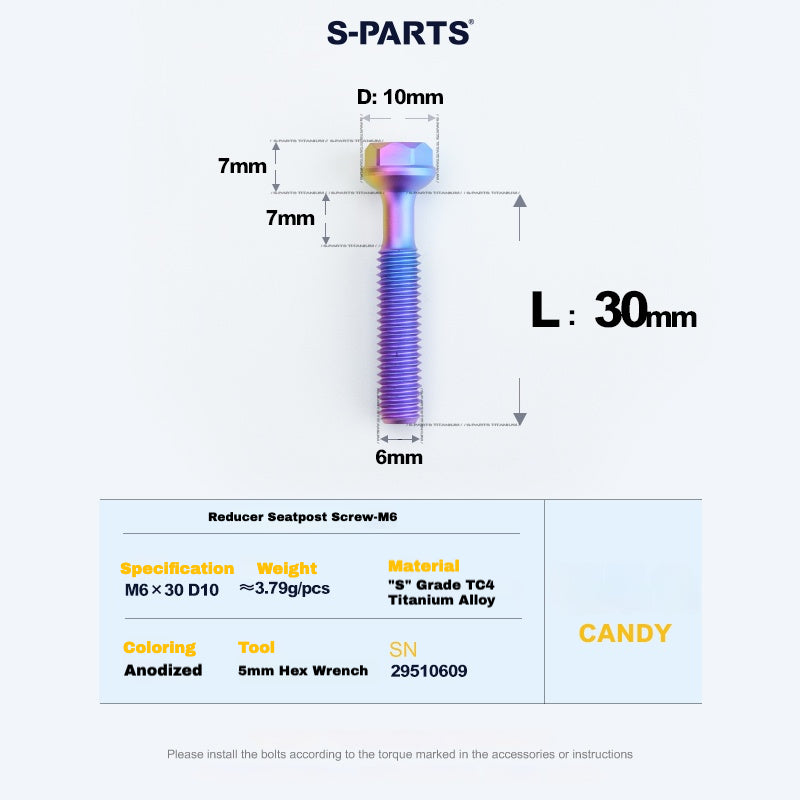 S-PARTS M6 티타늄 시트포스트 스텝다운 볼트 및 너트 키트 – 다양한 길이 및 색상
