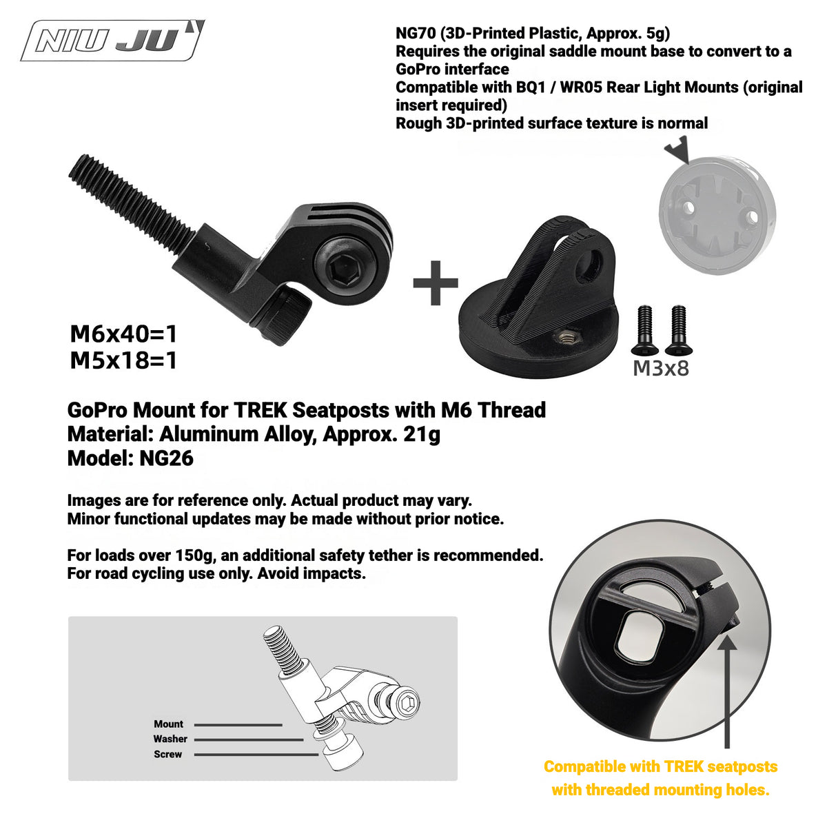 NIUJU NG70 Rear Light Adapter for MEROCA BQ1 / WR05 | GoPro-Style Mount