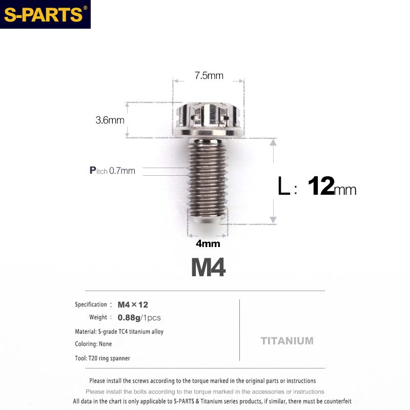 S-PARTS A3 Gold M4 Aleación de titanio Piezas estándar Tornillo para vehículo eléctrico Motocicleta Coche