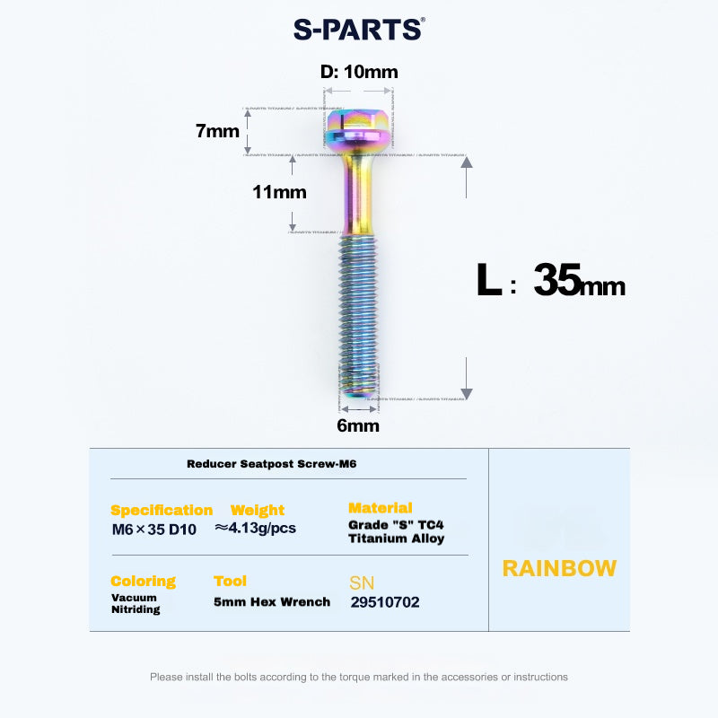 S-PARTS M6 티타늄 시트포스트 스텝다운 볼트 및 너트 키트 – 다양한 길이 및 색상