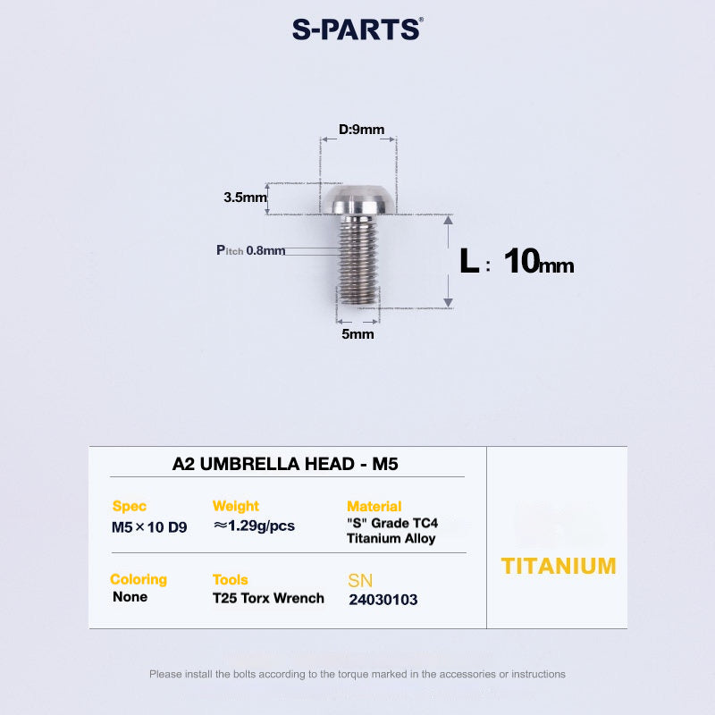 S-PARTS A2 Titanium UMBRELLA HEAD M5 x 8–34mm – TC4 Titanium Bike Hardware