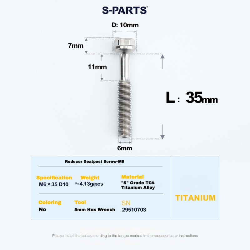 S-PARTS M6 티타늄 시트포스트 스텝다운 볼트 및 너트 키트 – 다양한 길이 및 색상