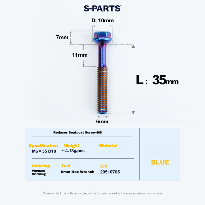 S-PARTS M6 티타늄 시트포스트 스텝다운 볼트 및 너트 키트 – 다양한 길이 및 색상