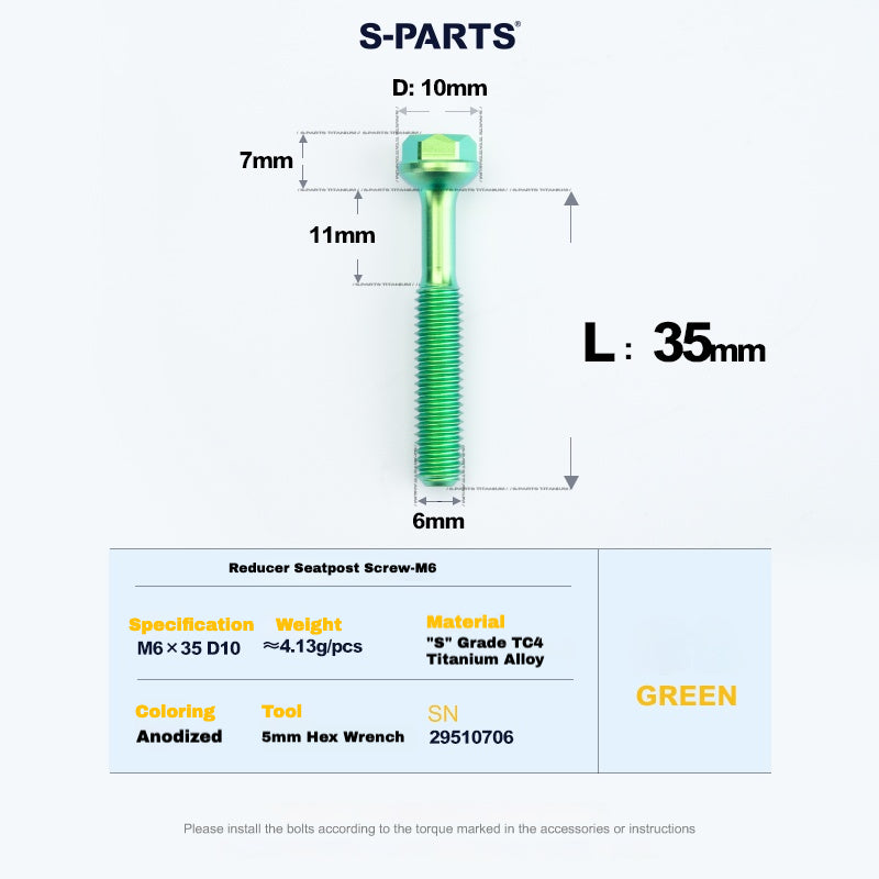S-PARTS M6 티타늄 시트포스트 스텝다운 볼트 및 너트 키트 – 다양한 길이 및 색상
