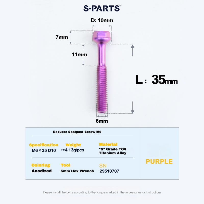S-PARTS M6 티타늄 시트포스트 스텝다운 볼트 및 너트 키트 – 다양한 길이 및 색상