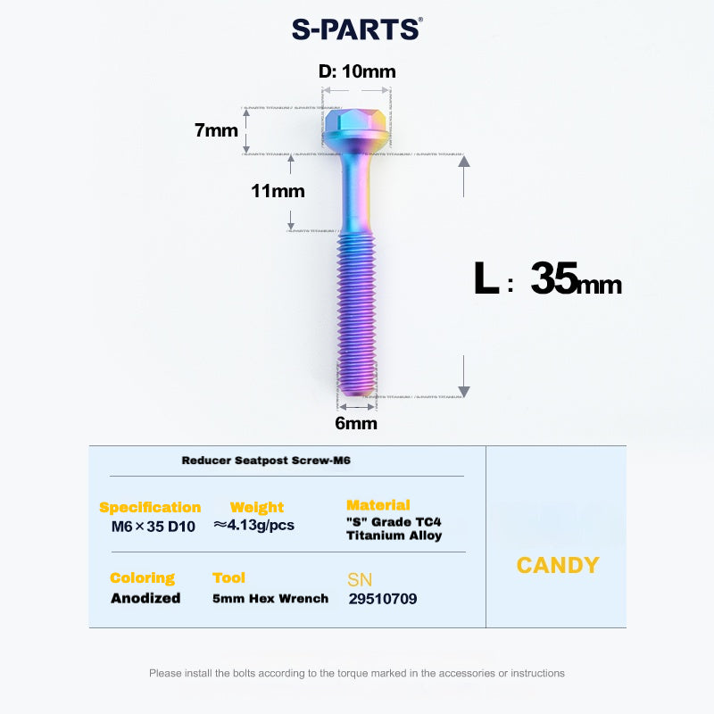 S-PARTS M6 티타늄 시트포스트 스텝다운 볼트 및 너트 키트 – 다양한 길이 및 색상