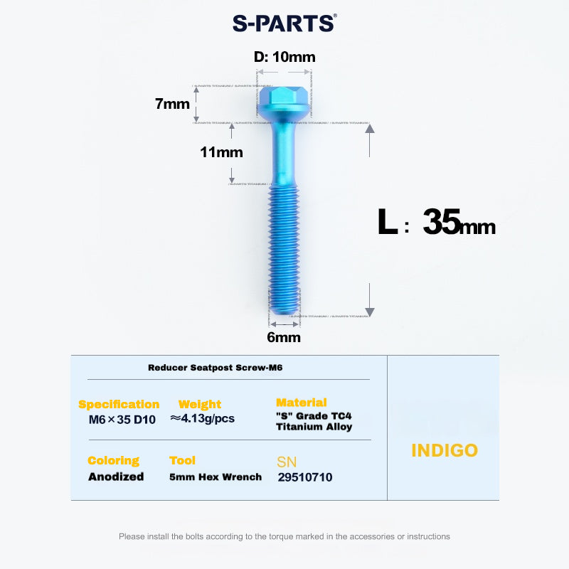 S-PARTS M6 티타늄 시트포스트 스텝다운 볼트 및 너트 키트 – 다양한 길이 및 색상