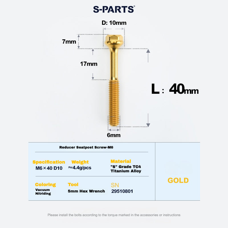 S-PARTS M6 티타늄 시트포스트 스텝다운 볼트 및 너트 키트 – 다양한 길이 및 색상