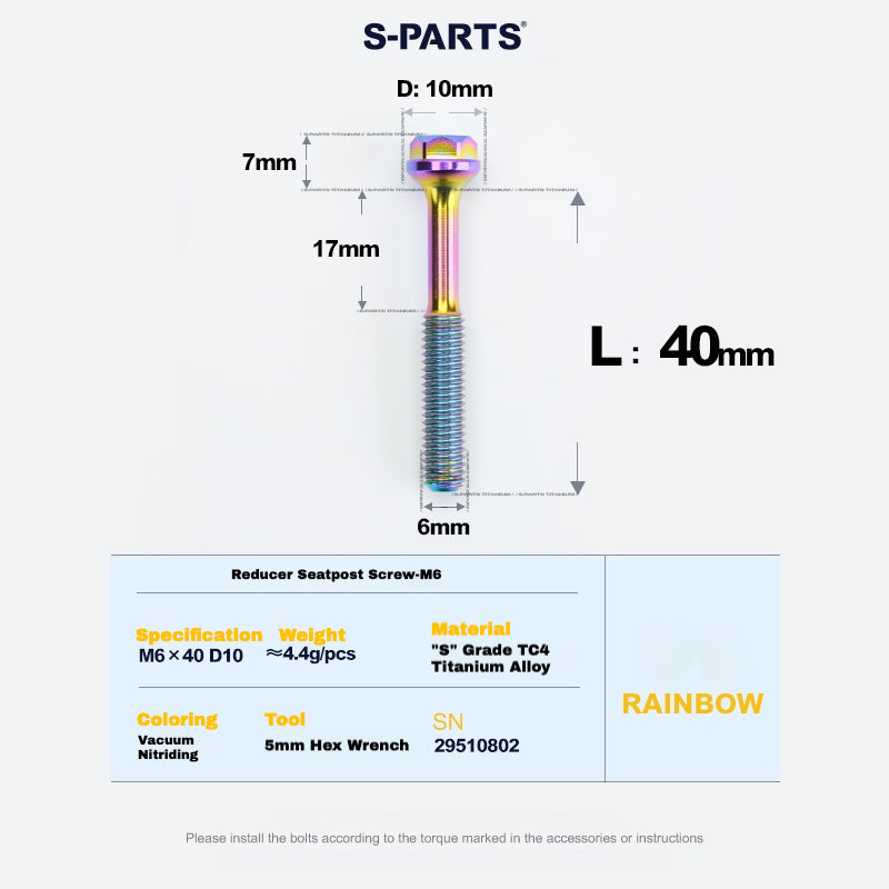 S-PARTS M6 티타늄 시트포스트 스텝다운 볼트 및 너트 키트 – 다양한 길이 및 색상