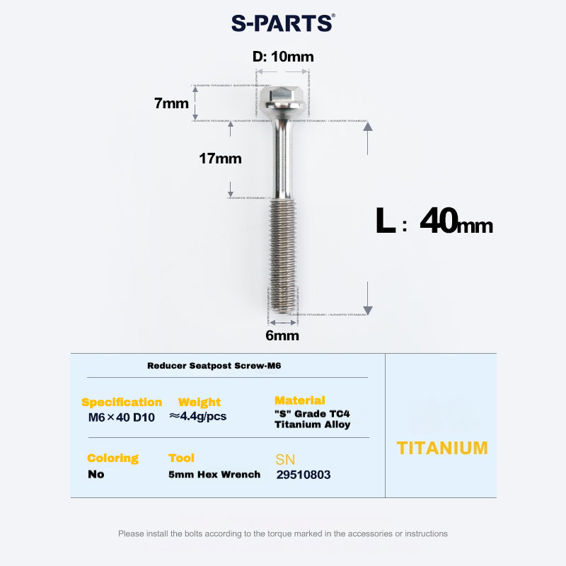 S-PARTS M6 티타늄 시트포스트 스텝다운 볼트 및 너트 키트 – 다양한 길이 및 색상