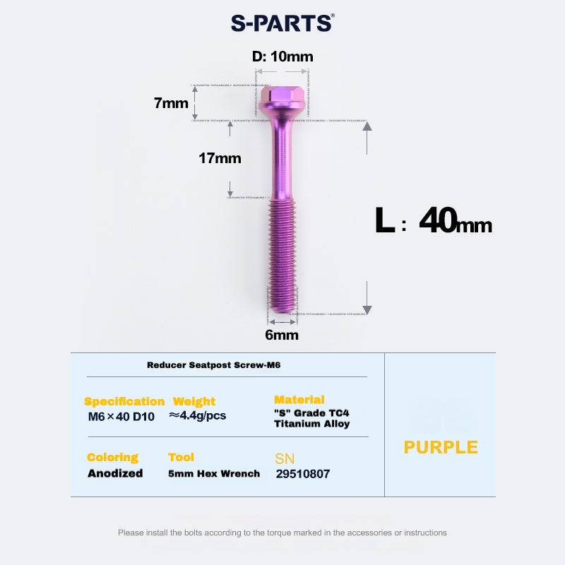 S-PARTS M6 티타늄 시트포스트 스텝다운 볼트 및 너트 키트 – 다양한 길이 및 색상