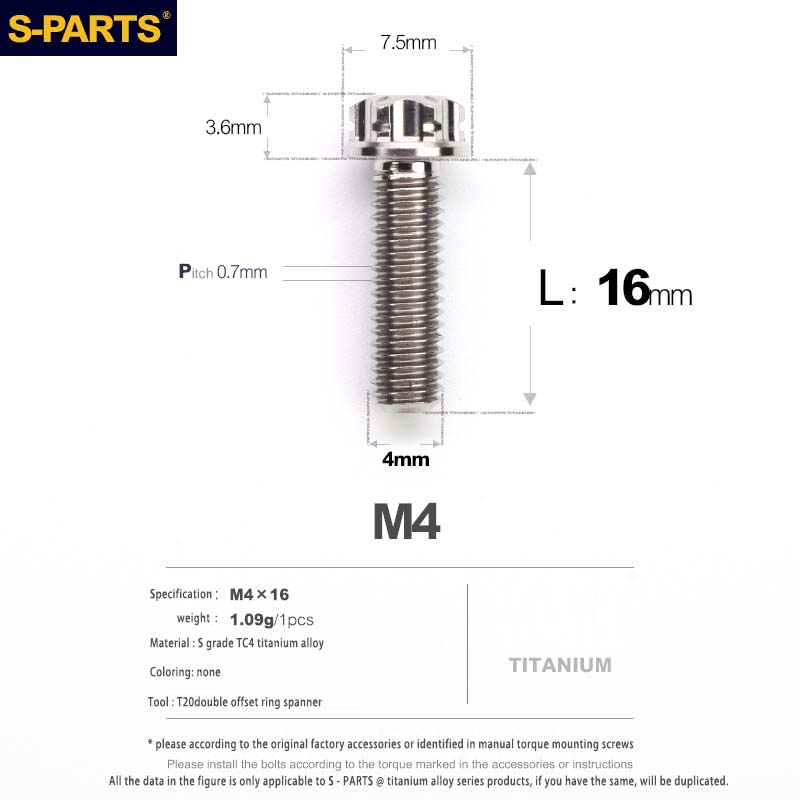 S-PARTS A3 Gold M4 Aleación de titanio Piezas estándar Tornillo para vehículo eléctrico Motocicleta Coche