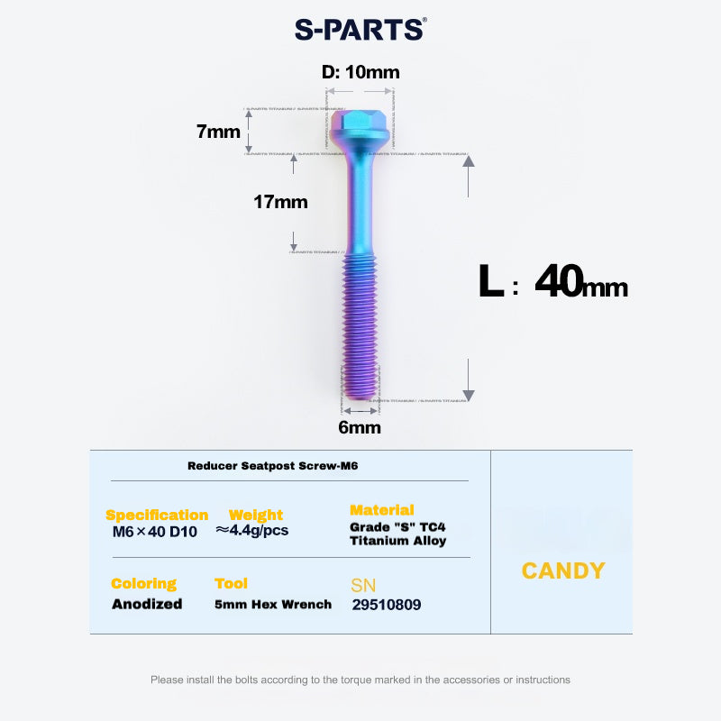 S-PARTS M6 티타늄 시트포스트 스텝다운 볼트 및 너트 키트 – 다양한 길이 및 색상