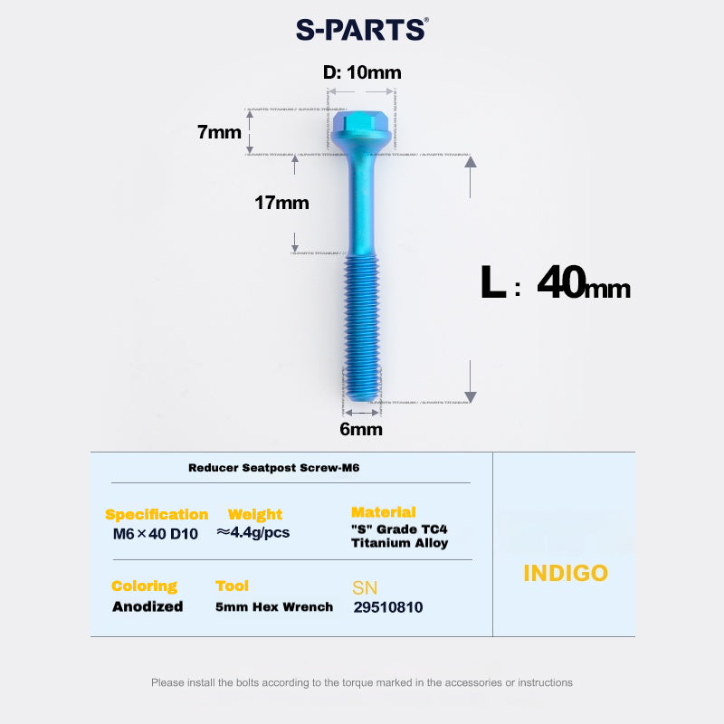 S-PARTS M6 티타늄 시트포스트 스텝다운 볼트 및 너트 키트 – 다양한 길이 및 색상
