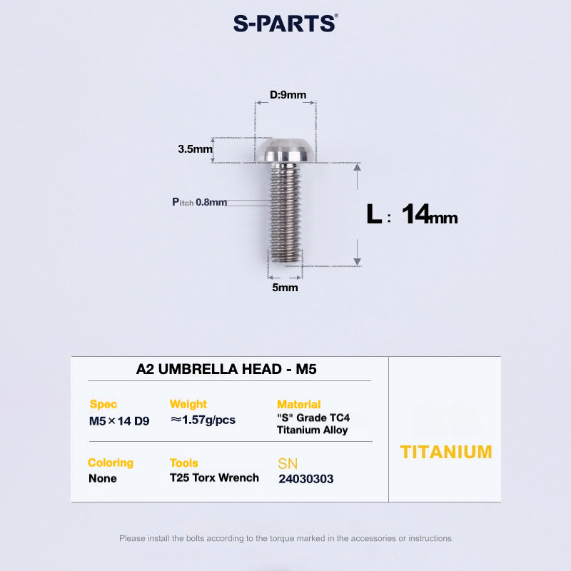 S-PARTS A2 Titanium UMBRELLA HEAD M5 x 8–34mm – TC4 Titanium Bike Hardware