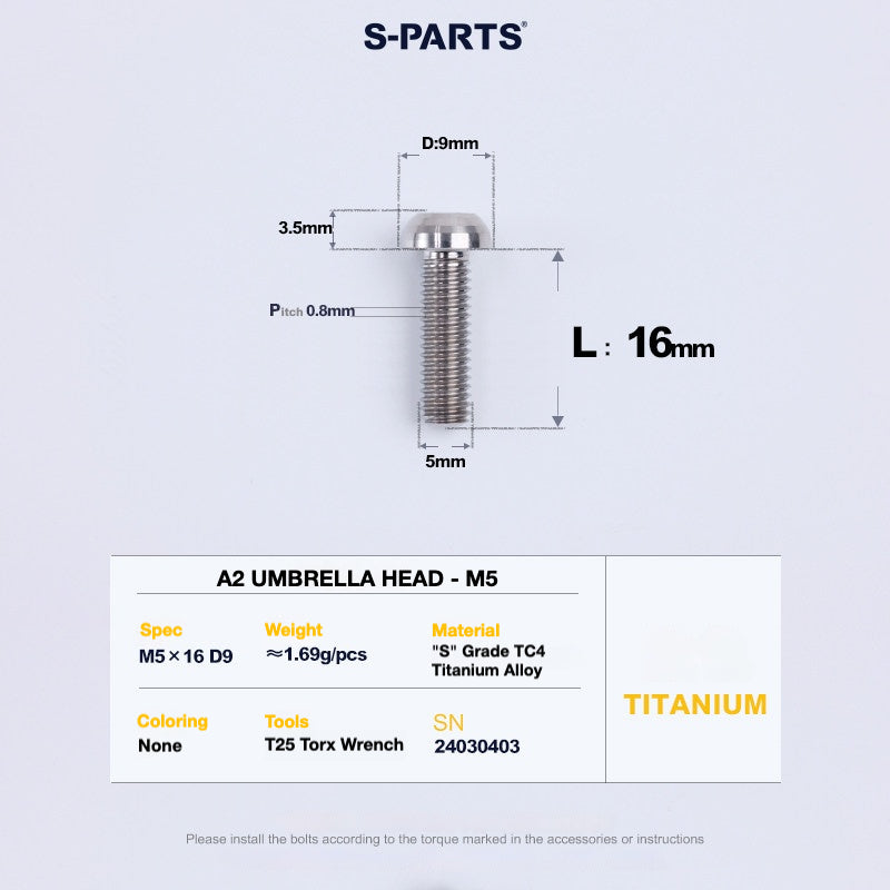 S-PARTS A2 Titanium UMBRELLA HEAD M5 x 8–34mm – TC4 Titanium Bike Hardware