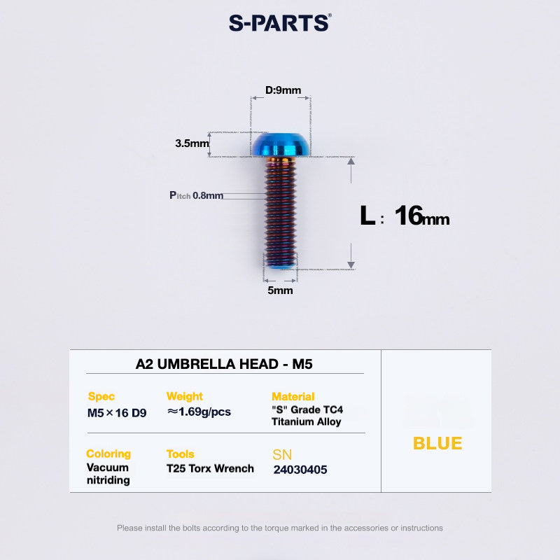 S-PARTS A2 Titanium UMBRELLA HEAD M5 x 8–34mm – TC4 Titanium Bike Hardware